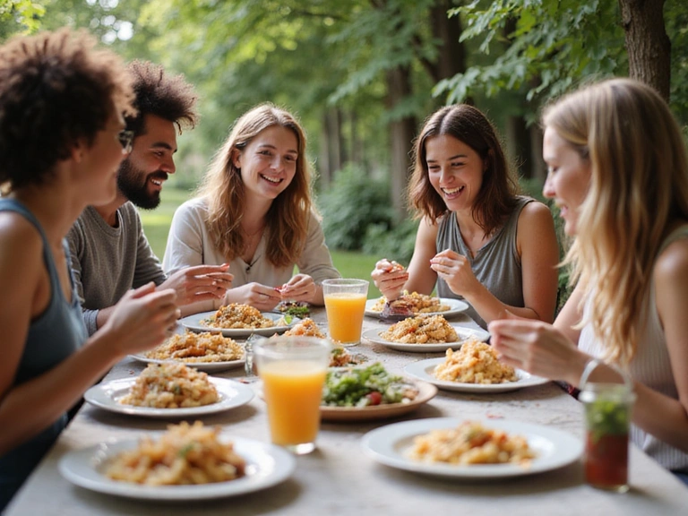 Grupo de amigos compartiendo una comida saludable al aire libre en un día soleado.