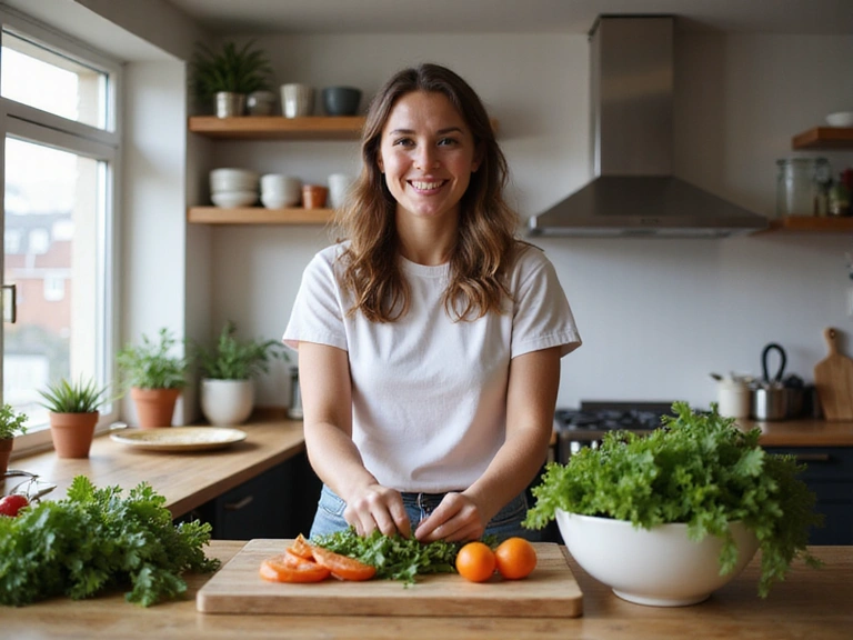 Mujer sonriendo mientras prepara una comida saludable en una cocina moderna.