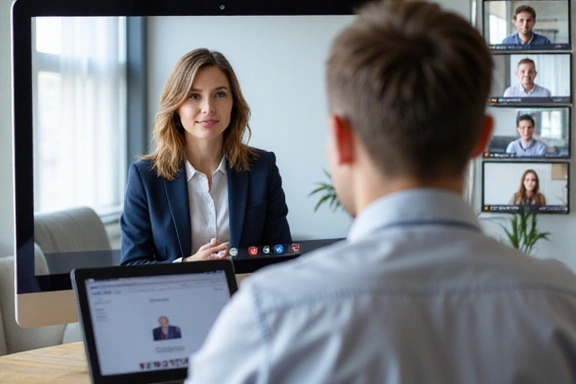 Persona dando una presentación en un webinar virtual con audiencia conectada.