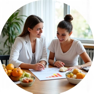 Icono de consulta nutricional personalizada, representando una persona y un dietista con gráficos de progreso.