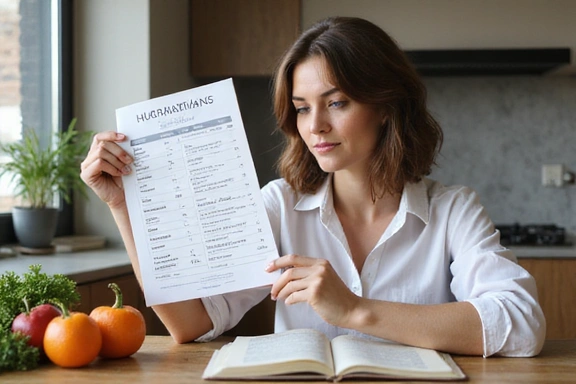 Una mujer aprendiendo sobre nutrición con gráficos y libros en una mesa de cocina